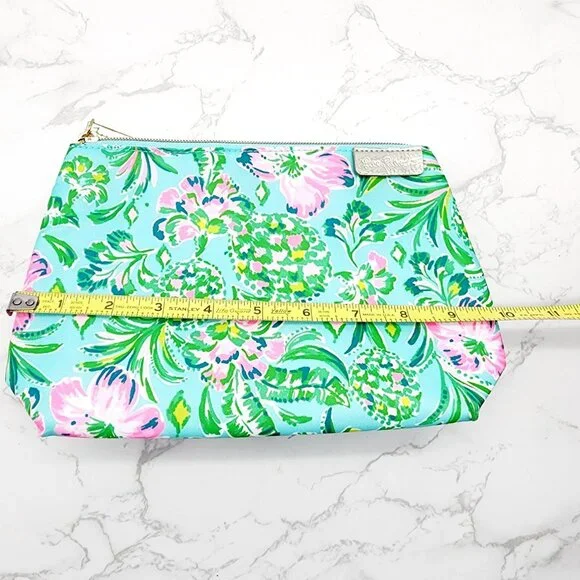 Lilly Pulitzer Cosmetic Bag Surf Blue Oh Diamond Girl Folia Green Pink Floral - Picture 6 of 8